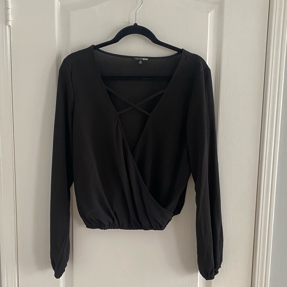 Long-sleeve Blouse with Crisscross Style Neckline